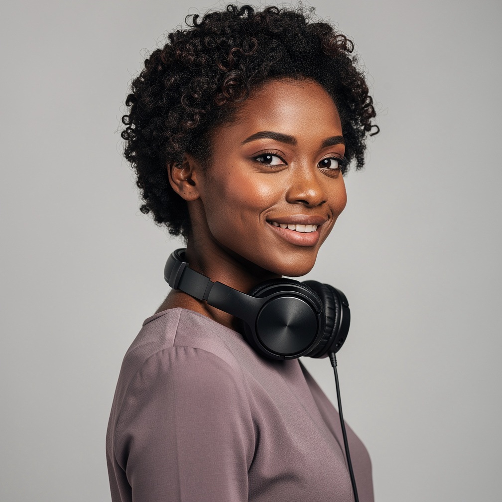 British Black female live programme producer wearing a headset