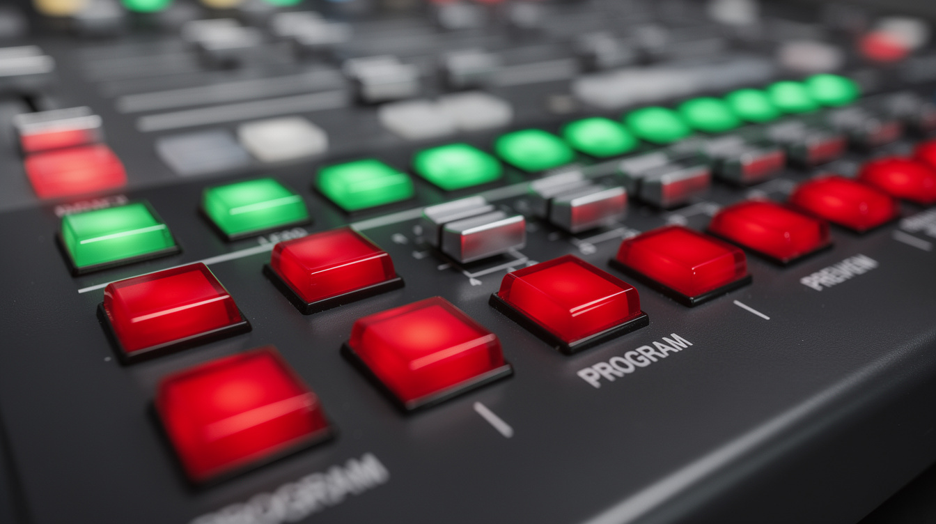 Close up of a broadcast vision mixer panel with illuminated tally buttons