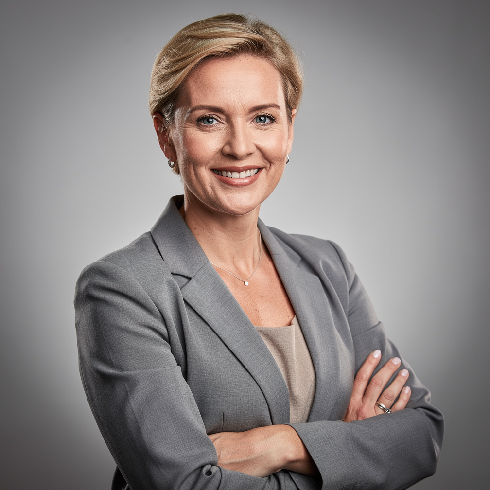 British female broadcast director smiling in a television gallery