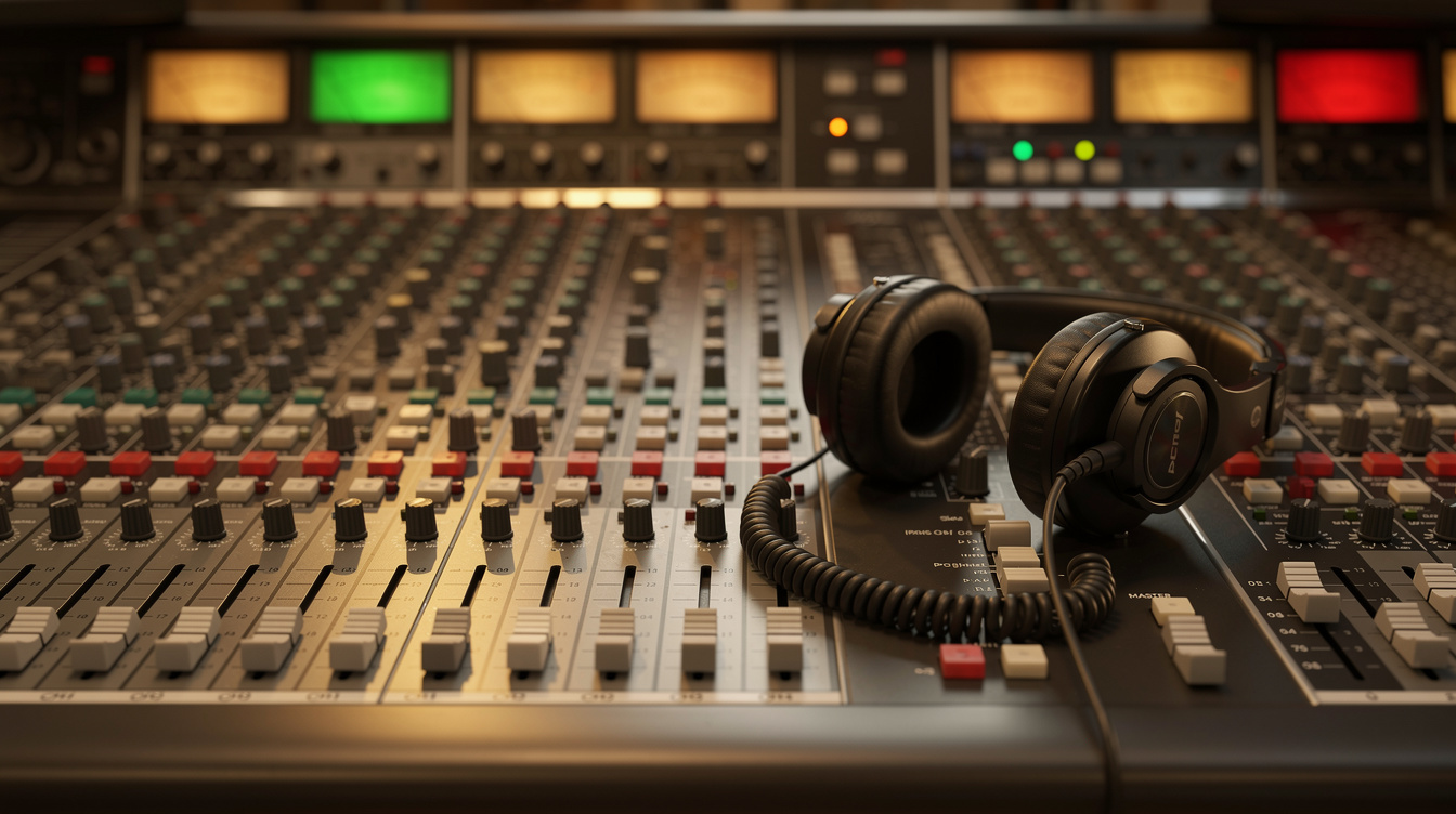 Audio engineer's mixing desk with faders during a live sound check
