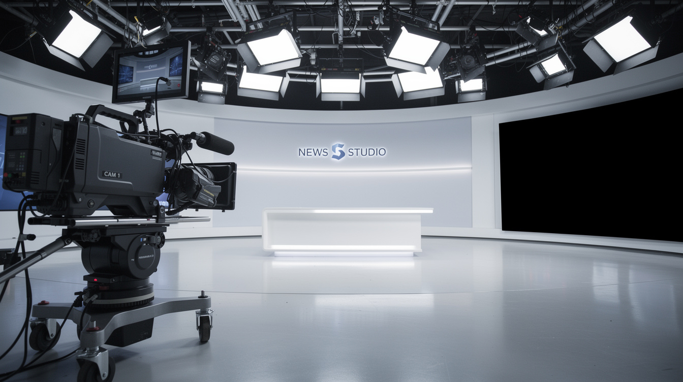 Empty television studio set with camera rig, lighting grid and presenter desk