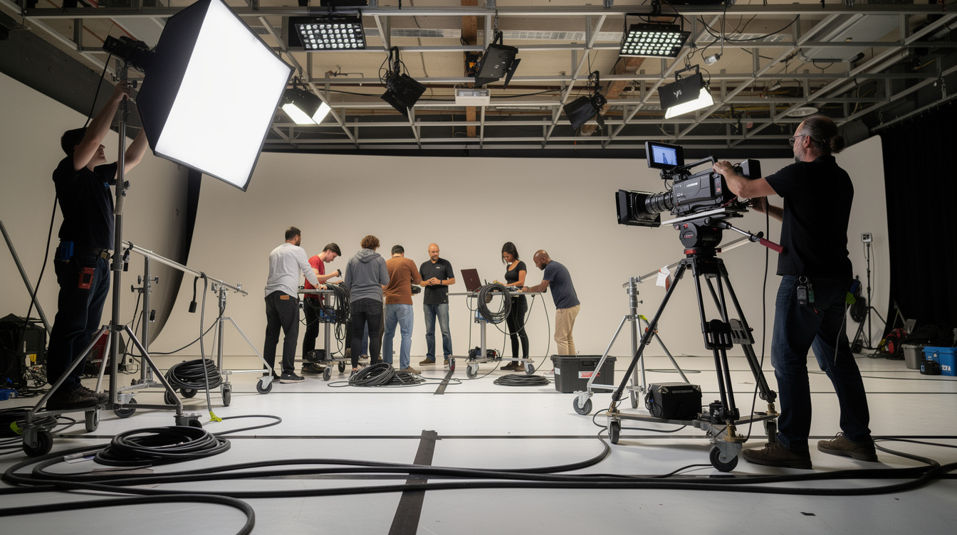 Crew rigging studio lighting and camera equipment before a broadcast
