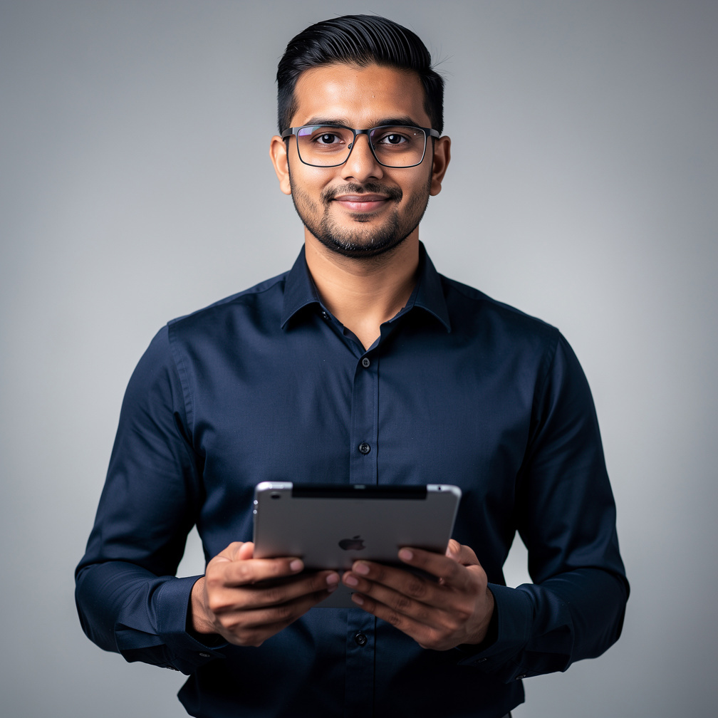 British Asian technical operations manager holding a tablet in a studio