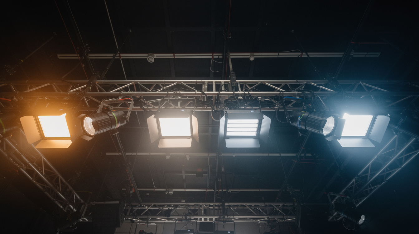 Overhead lighting grid with softbox fixtures above a television studio set