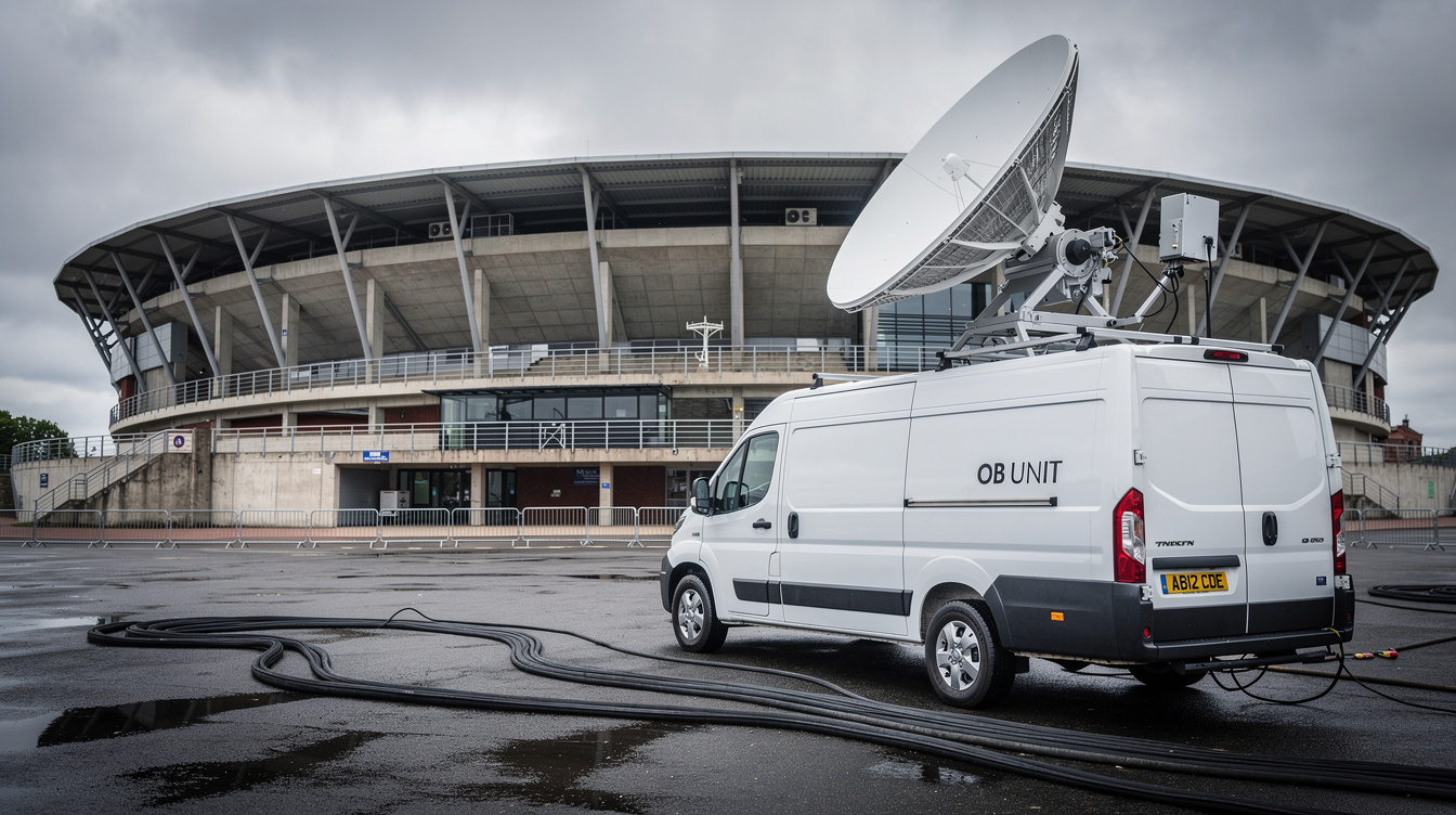 Outside broadcast van with satellite dish and cables outside a stadium