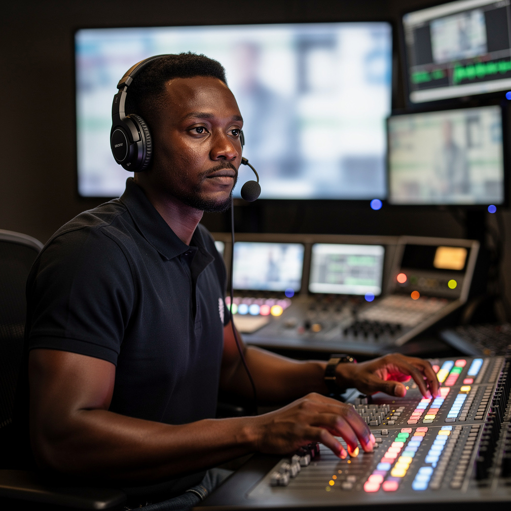 British broadcast vision mixer operator concentrating while switching camera feeds