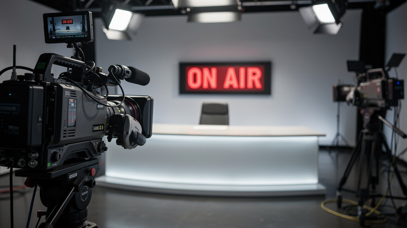 Presenter on set during a live television broadcast with cameras in shot
